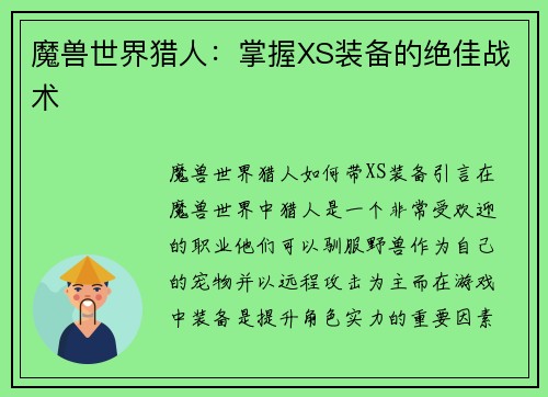魔兽世界猎人：掌握XS装备的绝佳战术