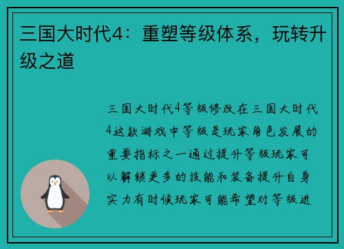 三国大时代4：重塑等级体系，玩转升级之道